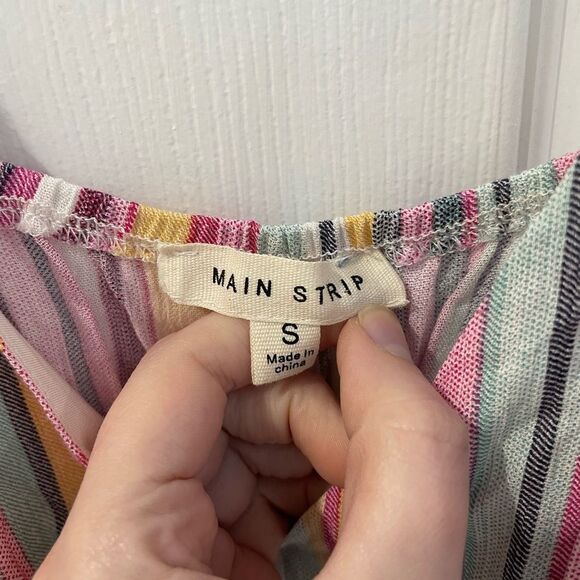 Main Strip Striped Tiered Tie Strap Mini A Line V Neck Dress Women’s Size S - Picture 3 of 5